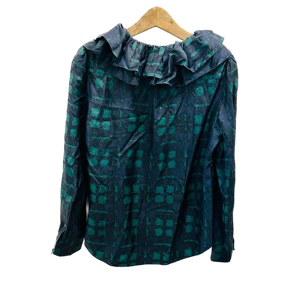 J. Crew Collection Silk Twill Ruffle Collar Shirt small plaid blue green - Picture 3 of 11
